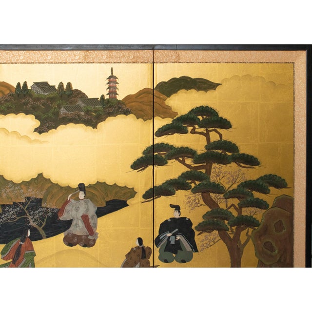 Wood "The Tale of Genji", 1950s Showa Era Japanese Painted Byobu Screen For Sale - Image 7 of 18