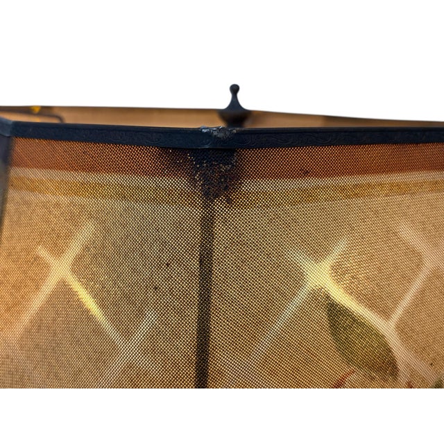 Red Antique Wire Mesh Rembrandt Style Shade With Painted Stenciled Red Rose and Green Floral Design on 1920s Painted Gold Floor Lamp For Sale - Image 8 of 15