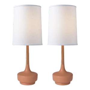 Mid-Century Table Lamp Ceramic & Teak—Brooke Desert Rose #6—Pair