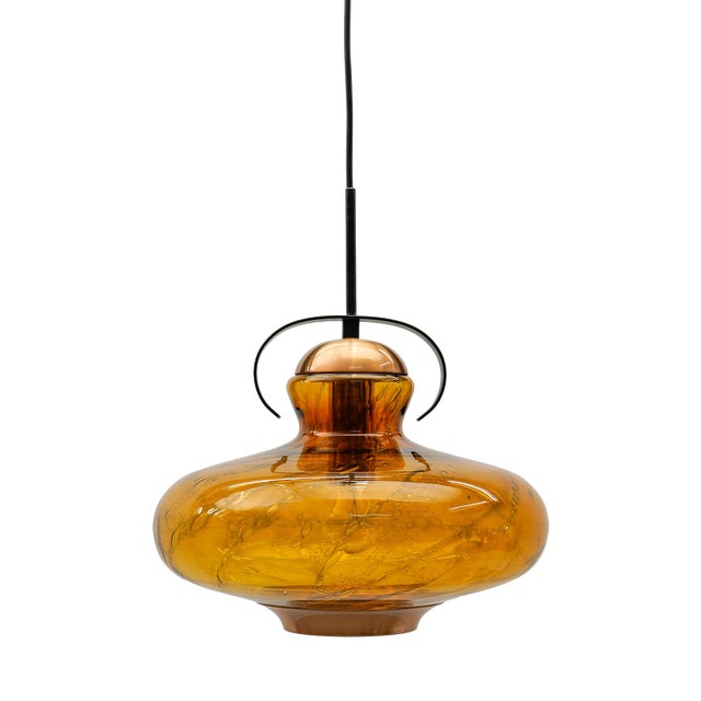 Mid-Century Modern Amber Glass and Copper Ceiling Lamp, 1950s For Sale
