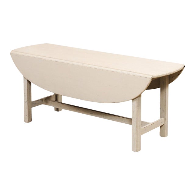 Swedish 1920s Painted Drop Leaf Coffee Table with Oval Top and Stretcher For Sale