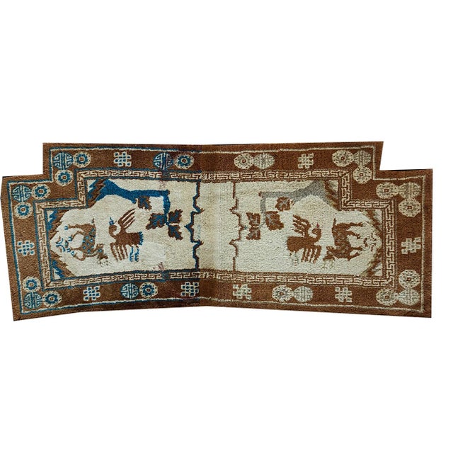 Chinese 1940s Ivory Animal Geometric Antique Chinese Horse Cover Rug 1'9"x 4'4" Knotted Wool Carpet For Sale - Image 3 of 9