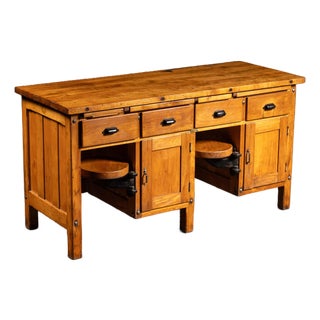 Early 20th Century Walnut Industrial Workbench With Swing-Out Stools For Sale