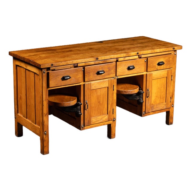 Early 20th Century Walnut Industrial Workbench With Swing-Out Stools For Sale