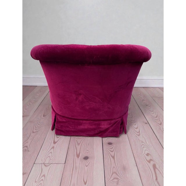 Art Deco Vintage Mid Century Velvet Tufted Back Barrel Arm Chairs ~ a Pair For Sale - Image 3 of 10