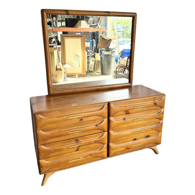 Mid Century Modern Sculptured Pine Dresser With Mirror by Franklin Shockey Co For Sale