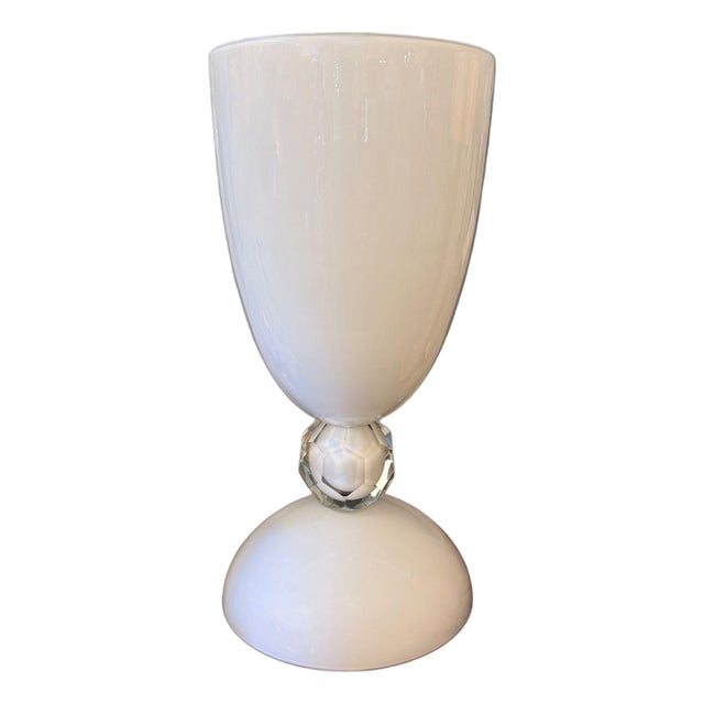 Large Murano White Glass Vase With Clear Faceted Knop, Italy, Circa 1970's. For Sale