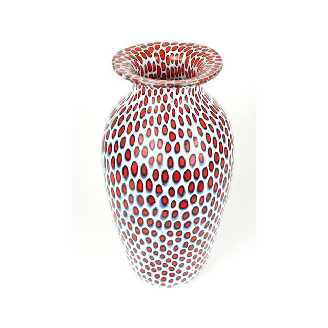 Blown Murano glass vase made with white, red and black Millefiori murrina. Entirely handmade and signed with cold...