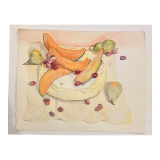 1980’s Contemporary Impressionist Watercolor Still Life Painting With Melon Pears & Cherries For Sale