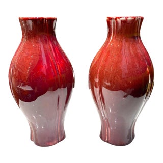 Pair of Maitland-Smith Oxblood Flambe Red Glazed Decorative Vases For Sale