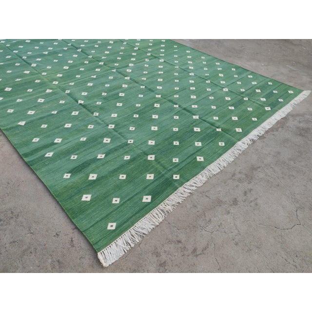 Casa Cosima Handmade Cotton Rug, Forest Green with White Diamonds and Cream Fringe - 10'x14' For Sale - Image 4 of 10