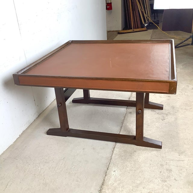 Mid-Century Modern Vintage Studio-Made Square End Table With Cognac Leather Inset Top & Architectural Trestle Base, Mid-Century For Sale - Image 3 of 18