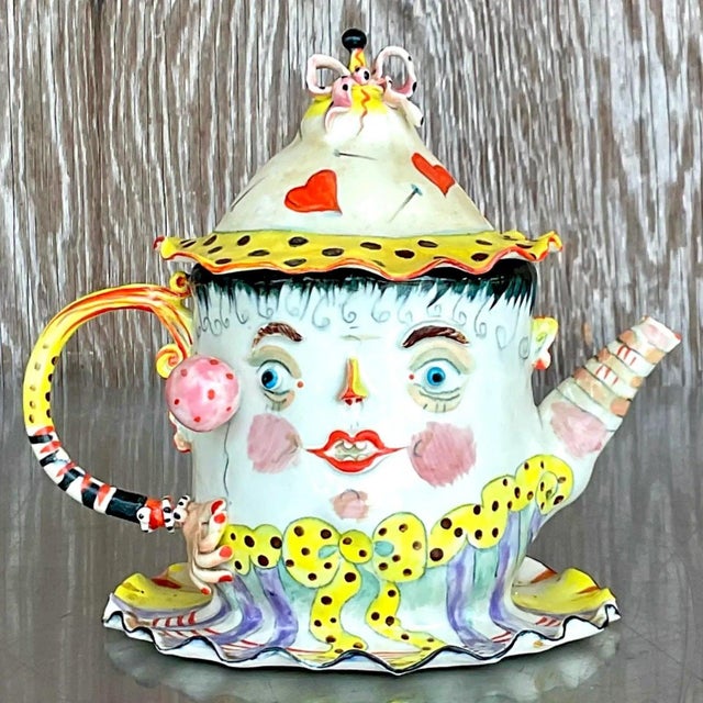 Arts & Crafts Vintage Face Painted Colorful Tea Pot For Sale - Image 3 of 9