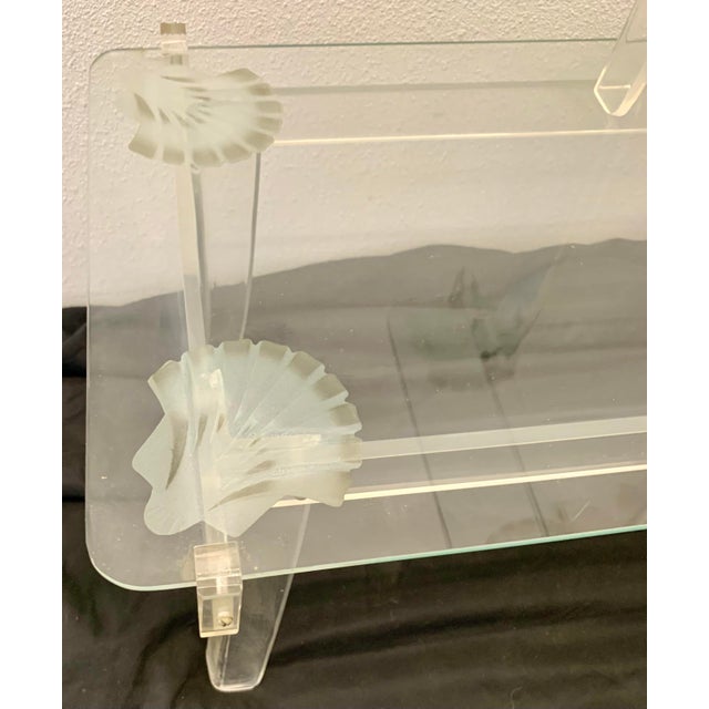 Plastic Vintage Hollywood Regency Lucite & Glass Side Table With Frosted Shell Detail For Sale - Image 7 of 10
