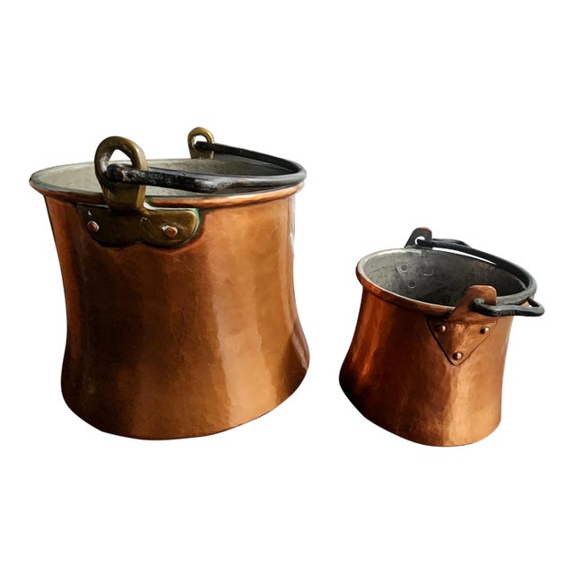 Beautiful Vintage Swiss Copper Pails With Iron Handles - Pair For Sale