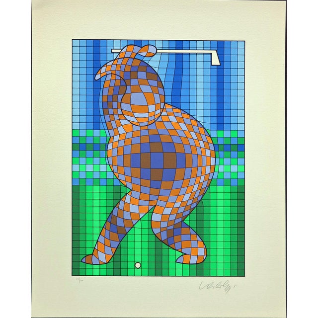 Navy Blue Op-Art Victor Vasarely the Golfer LTD Serigraph, Hand Signed Art LTD Green Blue For Sale - Image 8 of 8