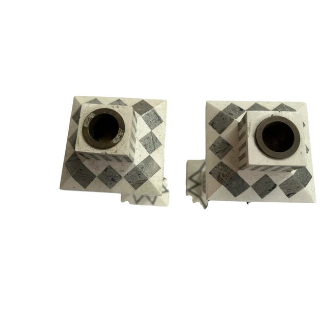 White 1990s Vintage Tavola Grey & White Marble Candlesticks- a Pair For Sale - Image 8 of 11