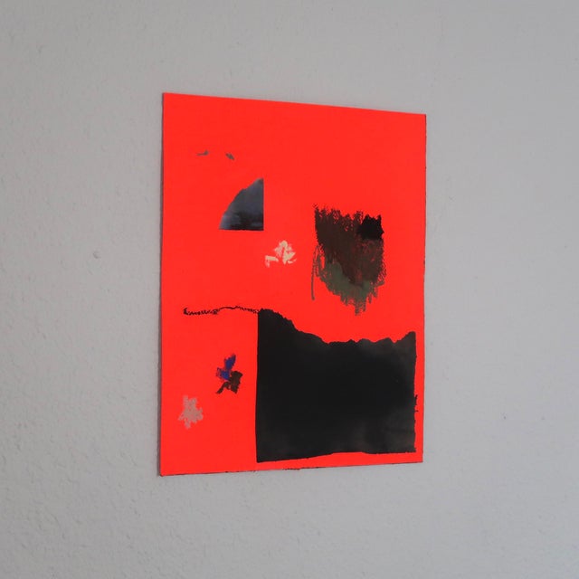 Abstract "My Hands Are Too Small to Hold the Earth" Contemporary Fluorescent Red Abstract Painting on Paper by Casey R Klein For Sale - Image 3 of 11