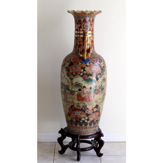 Chinese Monumental 50.5" Chinese Export Royal Satsuma-Style Palace Floor Vase With Wooden Stand For Sale - Image 3 of 18