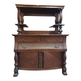 1900s Antique Tiger Oak Sideboard With Bevelled Mirror For Sale