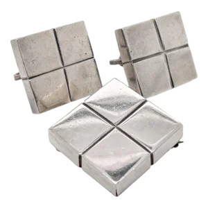 Vintage Mexican William Spratling Silver Modernist Square Cube Earrings & Brooch - 3 Pieces