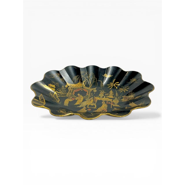 Chinoiserie Antique French Chinoiserie Papier Mache Scalloped Dish For Sale - Image 3 of 15