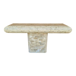1970's Karl Springer Style Tessellated Fossil Stone Pedestal Console Sofa Table For Sale