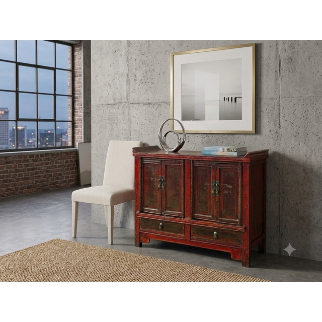 1970s Vintage Distressed Brick Red Marks Point Edge Credenza Sideboard Cabinet For Sale - Image 5 of 18