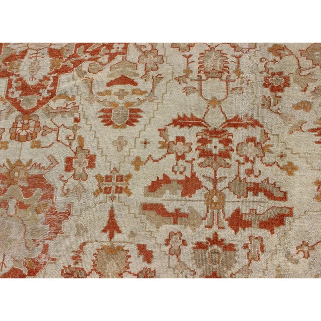 Textile Antique Turkish Floral Oushak Rug in Cream, Rust Red, Orange and Green For Sale - Image 7 of 12