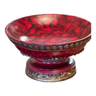 Vintage Red Marble-Style Pedestal Elegant Compote Bowl With Ornate Brass Finish For Sale
