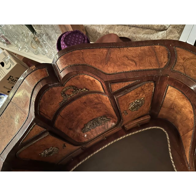 Antique French-Style Writing Desk With Ornate Carvings & Inlaid Wood For Sale - Image 11 of 14