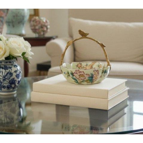 French Country Floral Vine Painted Porcelain Bowl With Bronze Ormolu Basket Handle For Sale - Image 3 of 11