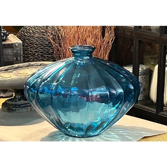 1980s Oversized Vintage Heavy Blue Ribbed Vase For Sale - Image 10 of 10