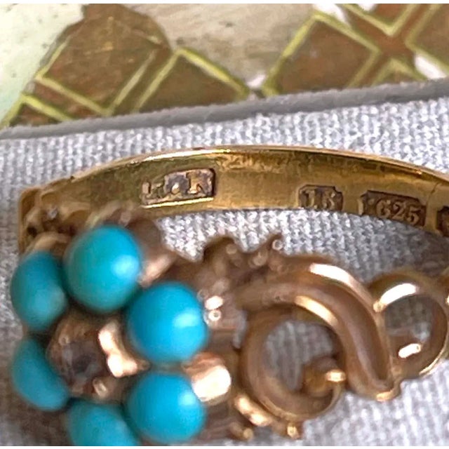 Late 19th Century Victorian Turquoise Diamond Forget-Me-Not Ring Locket Back 15k Size 6.5 For Sale - Image 11 of 11