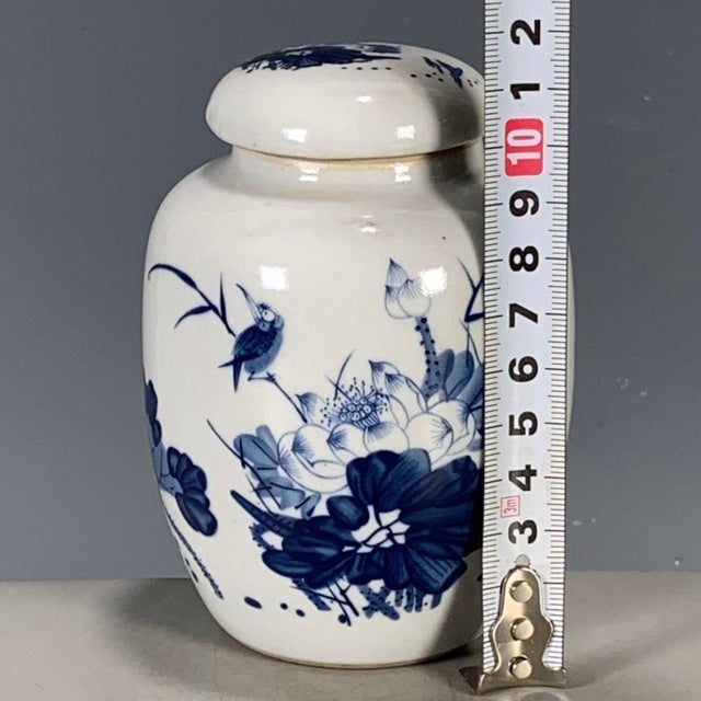 Vintage Blue & White Porcelain Tea Jar With Lid – Lotus Pond & Bird Motif, "Wan Yu" Mark For Sale In Los Angeles - Image 6 of 9