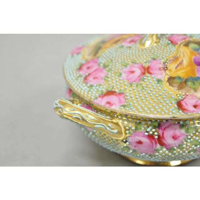 Green Antique Nippon Hand Painted Gold Gilt Porcelain Green Moriage Covered Sugar Bowl For Sale - Image 8 of 16