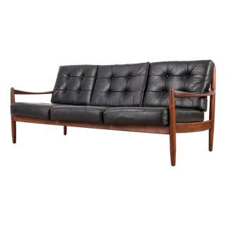 Scandinavian 3-Seater Sofa in Wood and Black Leather, 1960s For Sale