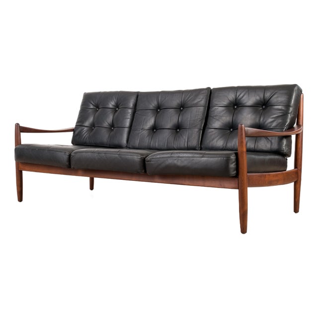 Scandinavian 3-Seater Sofa in Wood and Black Leather, 1960s For Sale