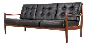 Scandinavian 3-Seater Sofa in Wood and Black Leather, 1960s