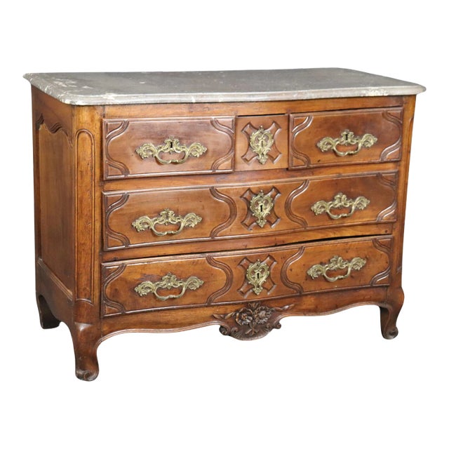 Period French Louis XV Walnut Marble Top Bronze Mounted Commode For Sale