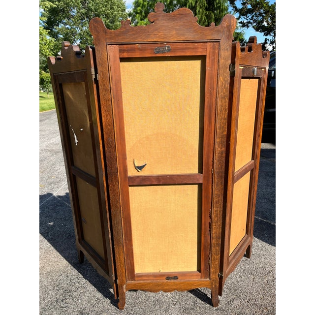 Antique Oak Hand-Painted 3-Panel Screen For Sale - Image 11 of 12
