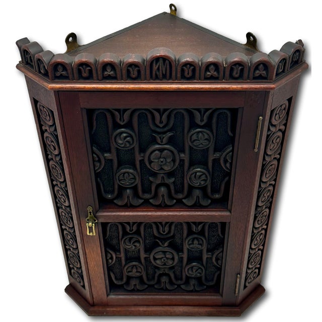 Outstanding Antique Beautifully Hand Carved Solid Mahogany Wall Hanging Corner Cabinet - Signed & Dated 1900 For Sale - Image 11 of 18
