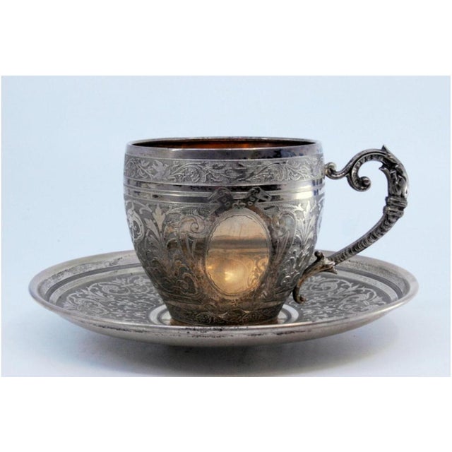 Cup and Saucer in Nickel Silver with Engraved Floral Motifs and Monogram Card, Set of 2 For Sale - Image 9 of 10