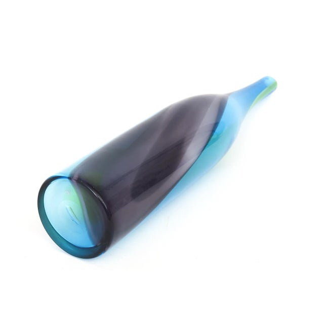 Vintage Danish Swirled Glass Tall Bottle in Blue, Purple, Green, Turquoise , 1960's For Sale - Image 9 of 9