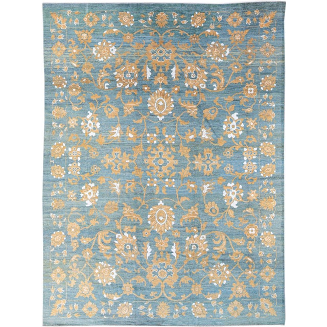 Modern Oversize Oushak Blue Handmade Tribal Floral Wool Rug For Sale - Image 10 of 10