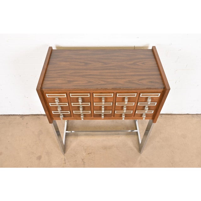 Mid-Century Modern Walnut and Chrome 15-Drawer Library Card Catalog For Sale - Image 9 of 12