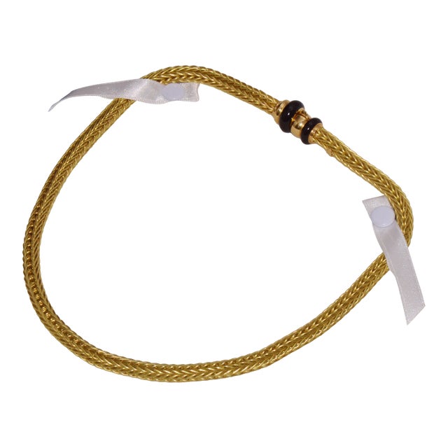 18k Solid Gold Italian Woven Braided Necklace With Black Enamel Accents – 49.1g For Sale