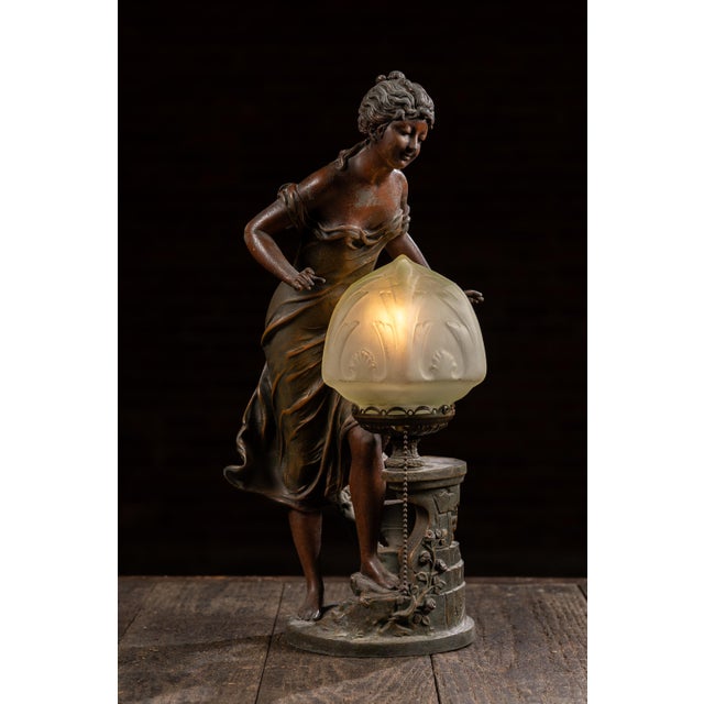 Figurative 1910s Art Nouveau Figural Lamp With Uranium Glass Shade by Anglade For Sale - Image 3 of 14