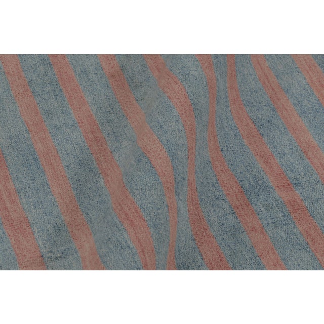 Textile Vintage Dhurrie Rug in Blue With Salmon-Pink Stripes - Rug & Kilim For Sale - Image 7 of 8