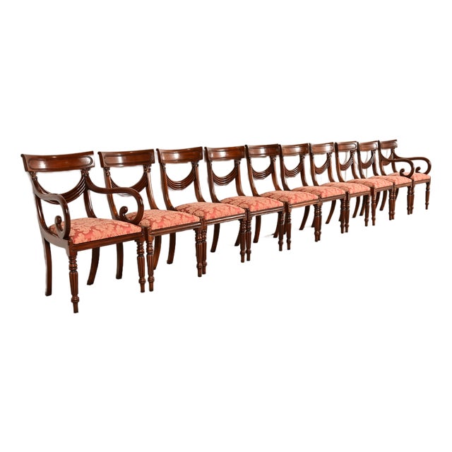 Baker Furniture Style English Regency Carved Mahogany Dining Chairs, Set of Ten For Sale